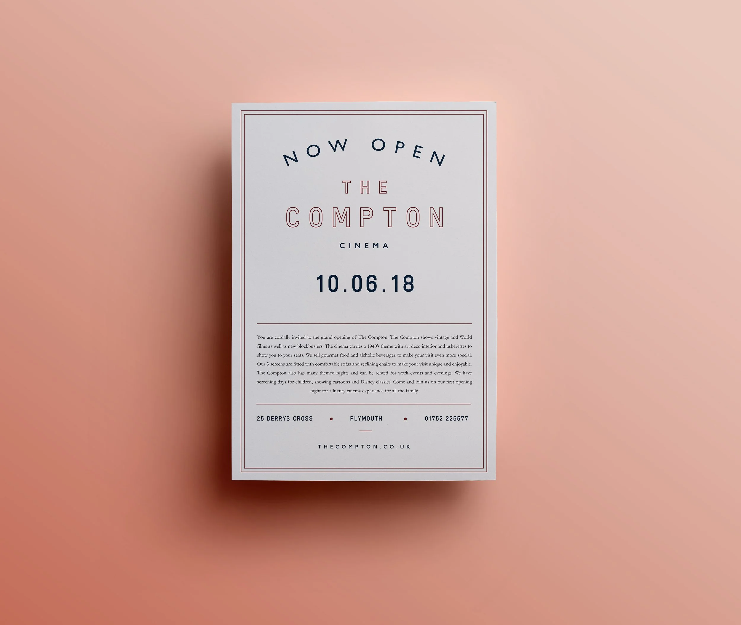 Event announcement poster for the grand opening of The Compton cinema, scheduled for October 6, 2018, located at 25 Derrys Cross, Plymouth, with phone number 01752 225577.