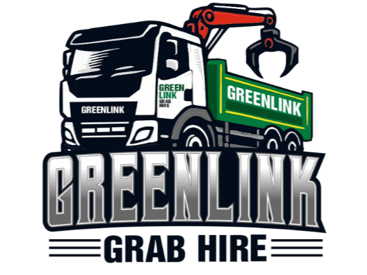 A logo featuring a green and black garbage truck with a crane arm, the words 'GREENLINK' on the truck and 'GREENLINK' above the truck, and the text 'GRAB HIRE' below.