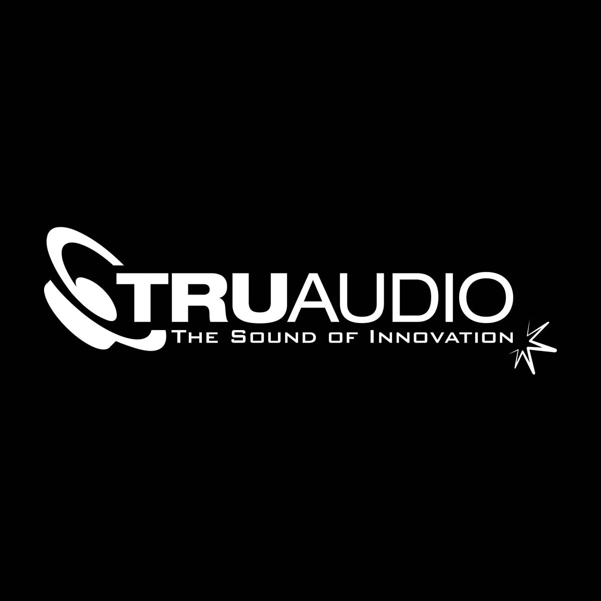 Black background with the white logo and text for TRUAUDIO, featuring a stylized speaker icon and the slogan 'The Sound of Innovation'.