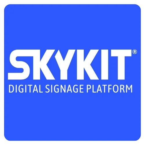 Skykit digital signage platform logo on a blue background.