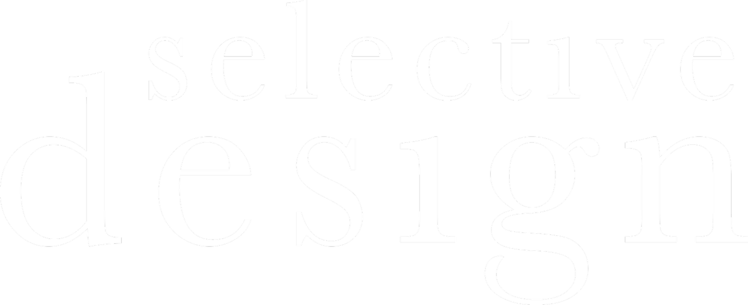 Black background with white text reading "selective design" in various font sizes.