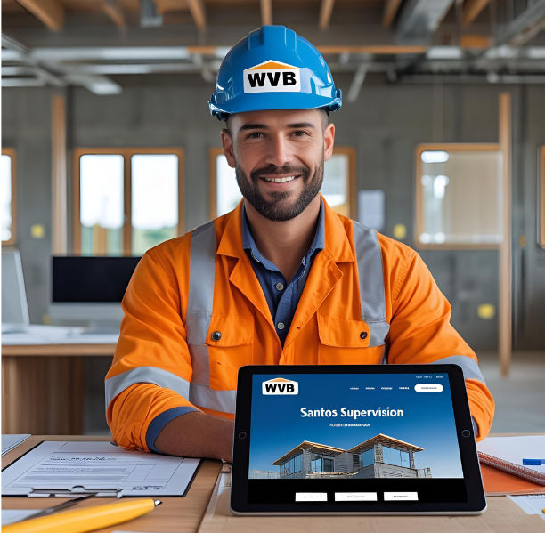 Man in een oranje veiligheidsjas en blauwe helm met WVW logo, zit aan een bureau met een tablet die een bouwproject toont, in een bouwtechnische kantooromgeving.