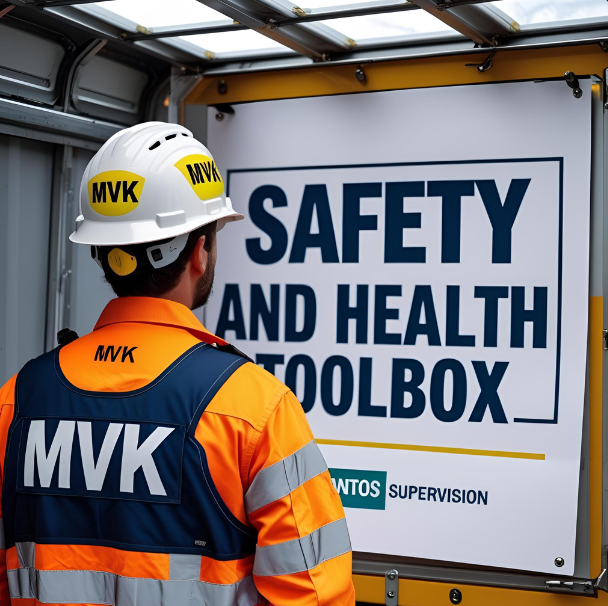 Persoon in veiligheidskleding en helm die naar een bord met 'Safety and Health Toolbox' kijkt, binnen een bouw- of werkvoertuig.