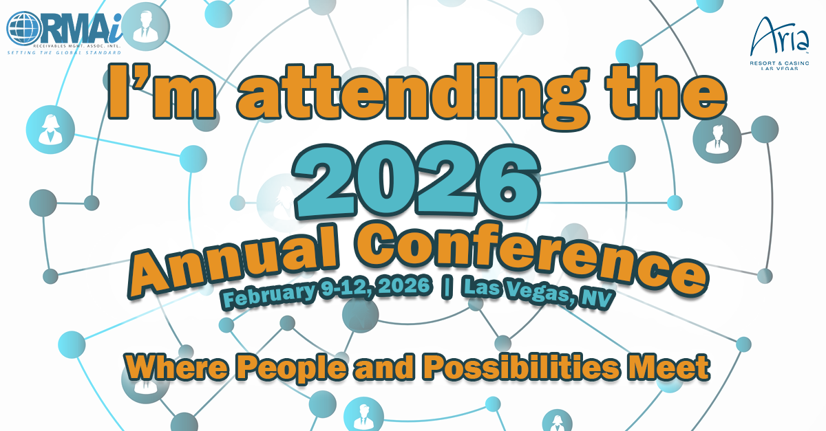 Text image announcing attendance at the 2026 annual conference from February 9-12 in Las Vegas, NV, organized by RMAi, with graphics of interconnected nodes and icons representing people, and logos of RMAi and Aria Resort & Casino