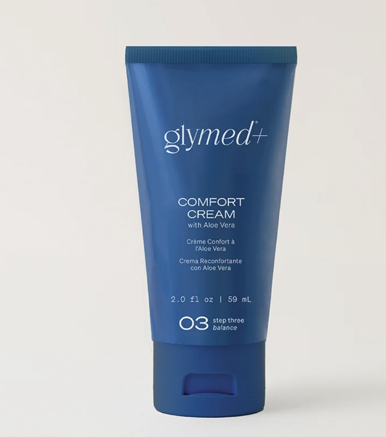 Blue tube of glymed+ Comfort Cream with Aloe Vera, 2 oz or 59 mL, labeled step three balance.