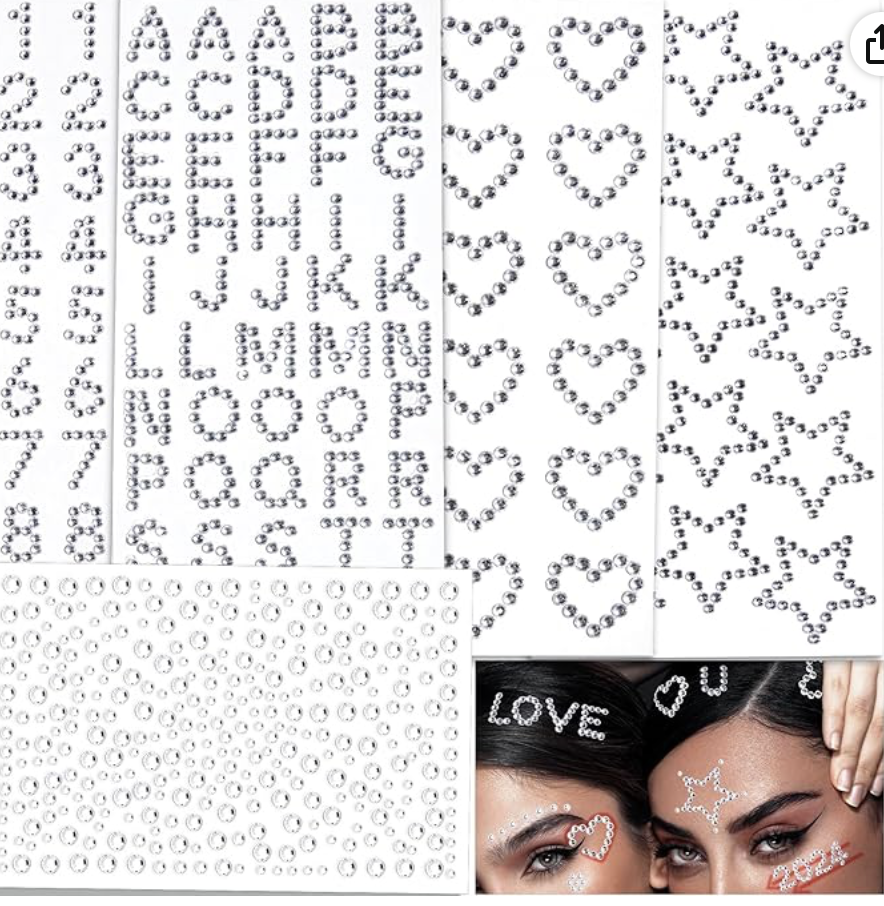 Sheet of adhesive rhinestones arranged in patterns of letters, hearts, stars, and alphabet. A photo of two women decorated with rhinestones on their faces and hair, spelling "LOVE" and other words and symbols.