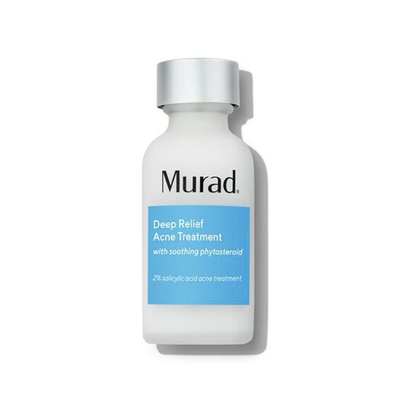 A white bottle of Murad Deep Relief Acne Treatment with a blue label and silver cap.