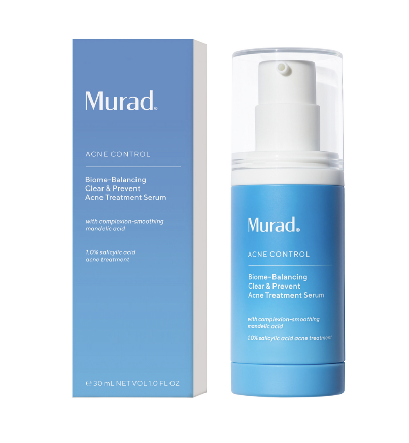 A bottle of Murad Acne Control Biome-Balancing Clear & Prevent Acne Treatment Serum with its packaging.
