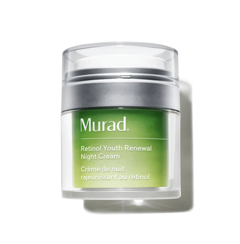 A jar of Murad Retinol Youth Renewal Night Cream with a green label, silver lid, and clear body revealing the cream inside.