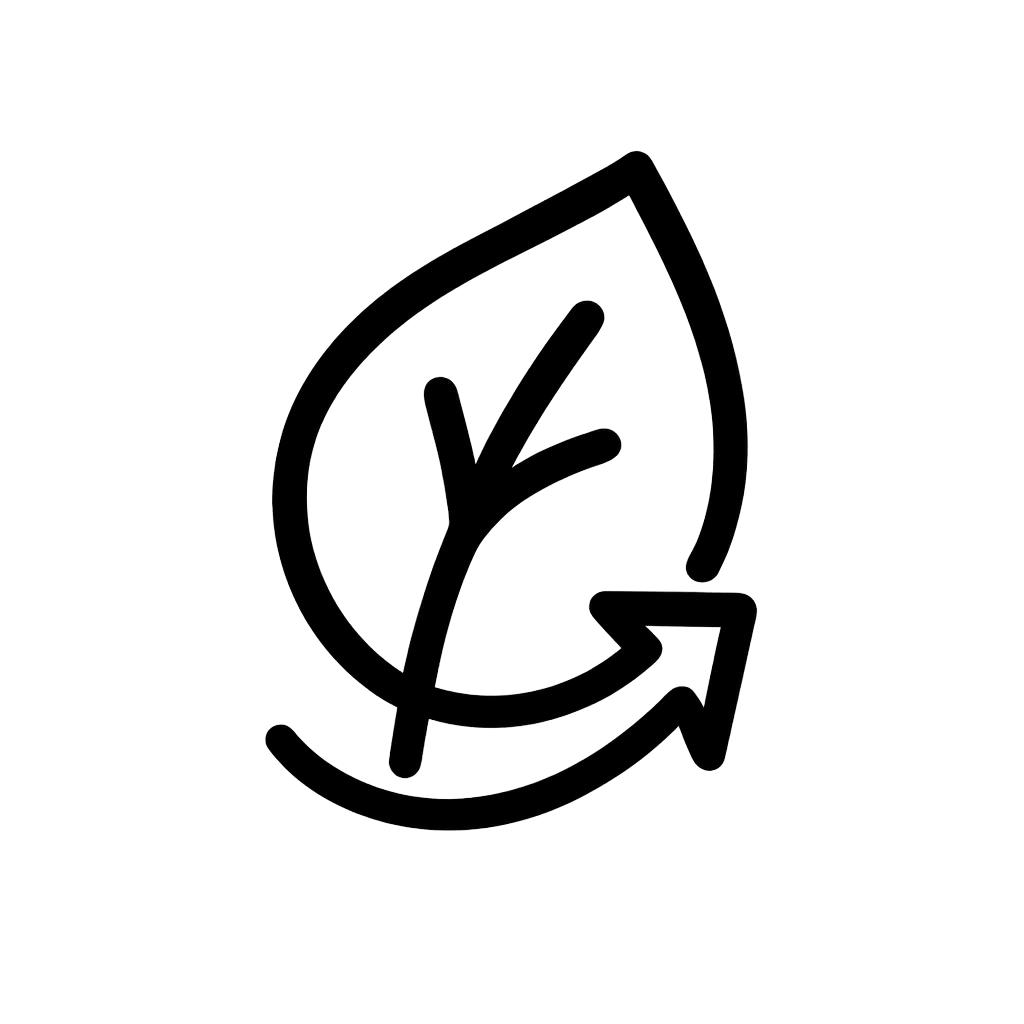 Symbol eines Blattes mit einem Pfeil, der um es herum zeigt, auf schwarzem Hintergrund, stilisierte Ikone für Umwelt oder Recycling.