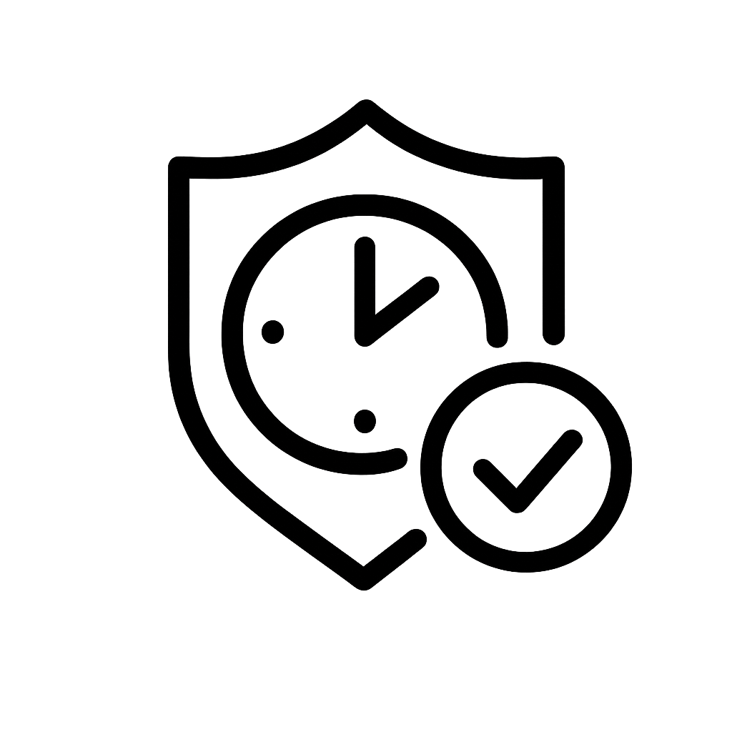 Symbol für Datenschutz oder Sicherheit, bestehend aus einem Schild und einem Uhr-Icon mit Häkchen.