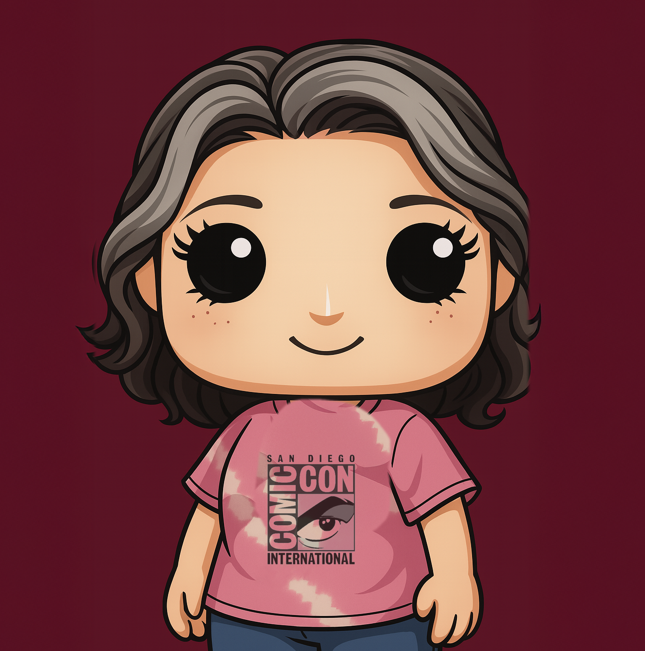 Cartoon illustration of a girl with big black eyes and long dark wavy hair, wearing a pink San Diego Comic-Con International T-shirt against a dark red background.