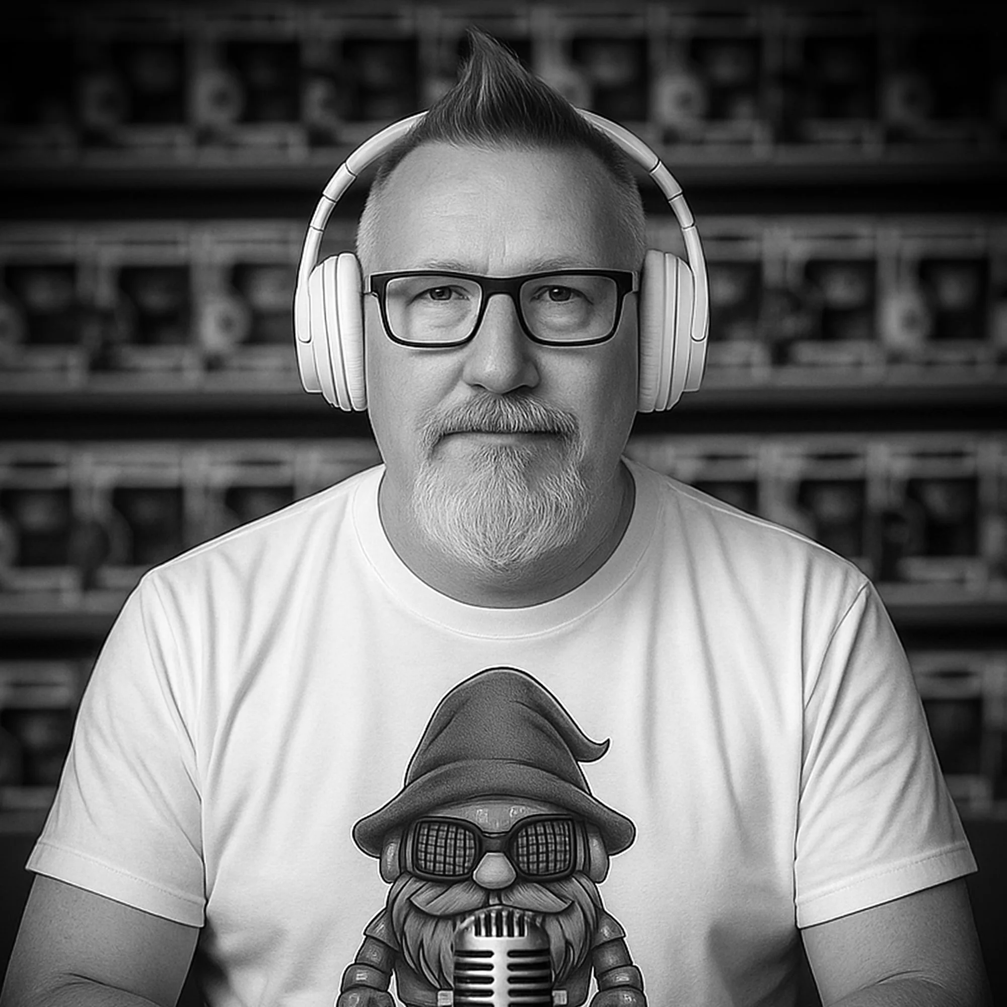 A black and white photo of a man with glasses, sporting a mohawk hairstyle and a beard, wearing headphones, and sitting in front of a gnome figurine with a microphone.