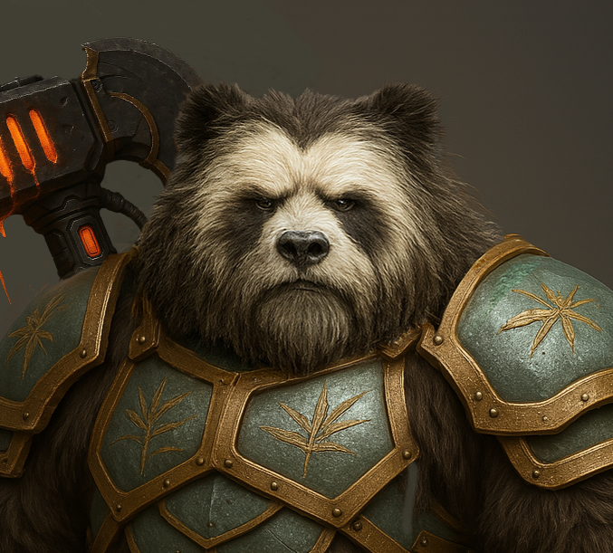 A bear in armor holding a large axe.