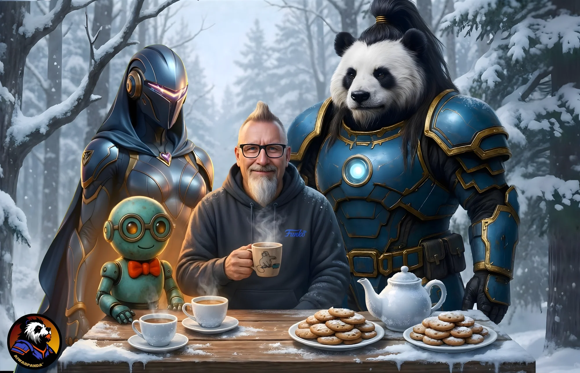 A man with glasses and a beard smiling while holding a steaming mug, sitting at a snow-covered table with cookies, a teapot, and cups. Behind him are a female character in armor with a futuristic helmet, a humanoid robot with glasses and a bow tie, and a bear-headed warrior in blue armor, set in a snowy forest.