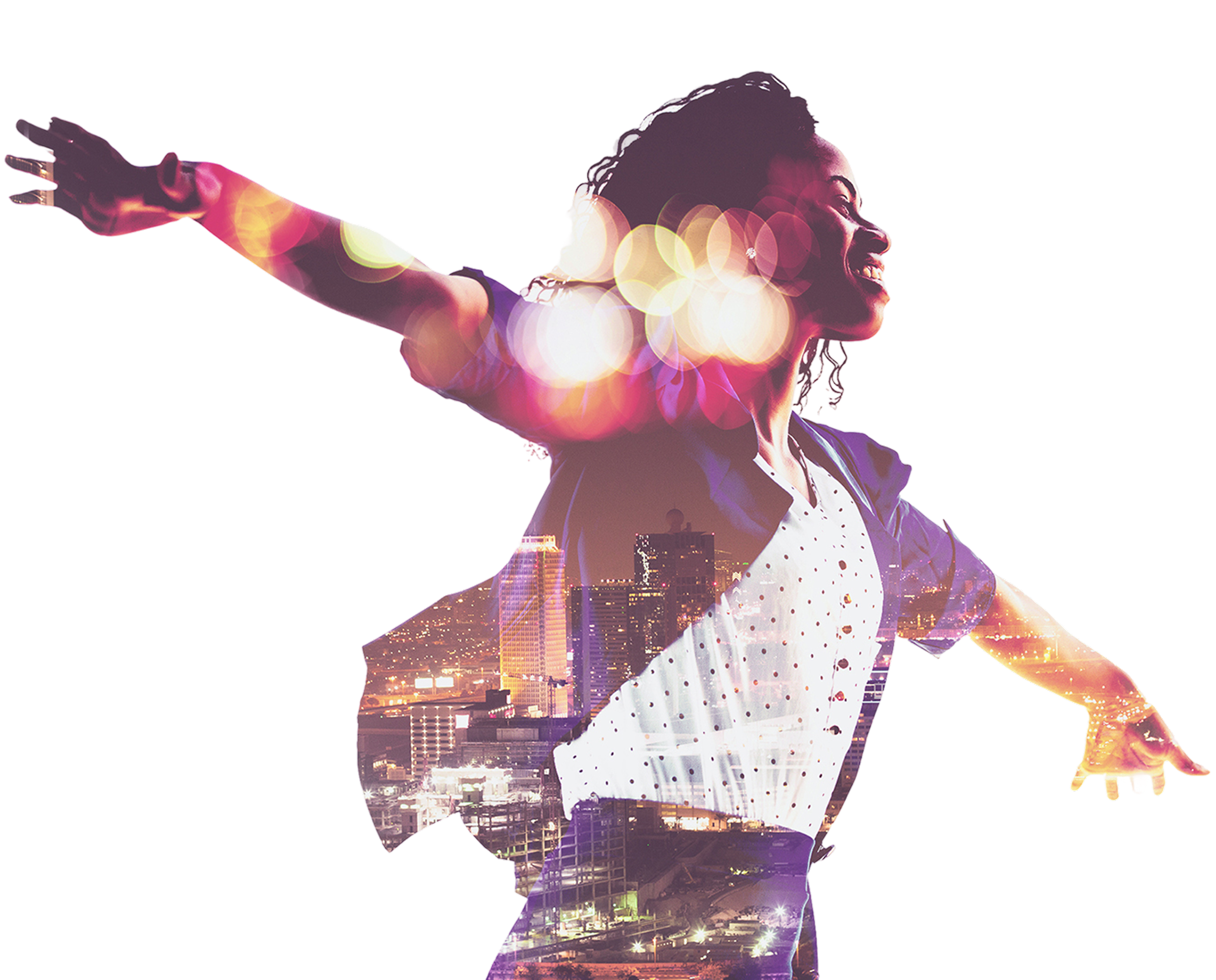 A double exposure image of a woman smiling with her arms outstretched, layered with a cityscape at night.