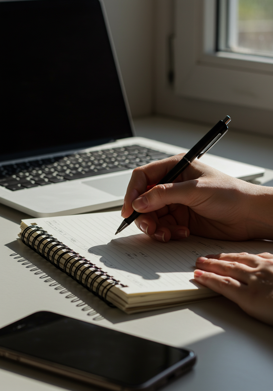 Person writing in a notebook with lined pages, a black pen in hand, on a white desk next to a smartphone, with a laptop and window in the background.