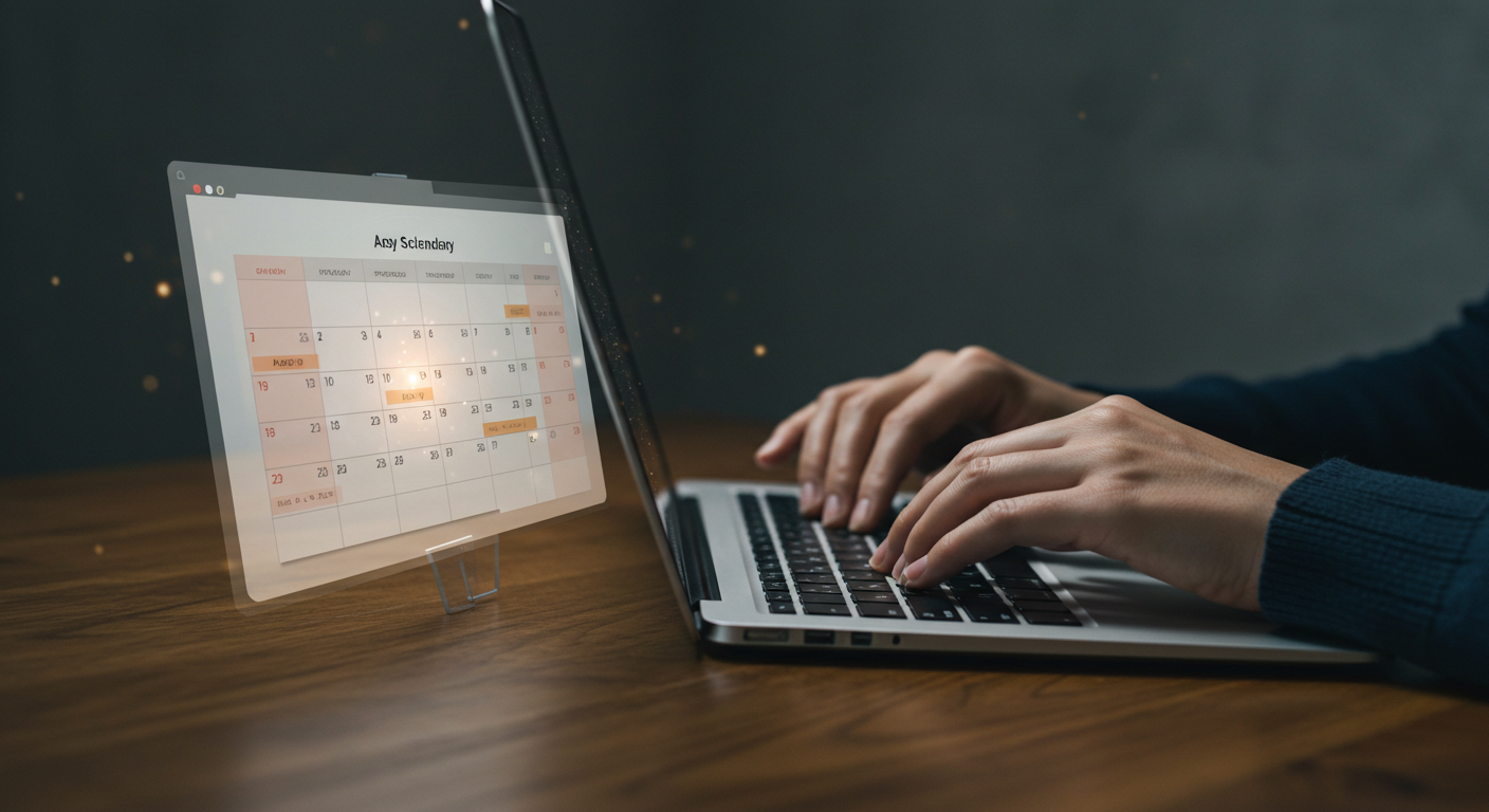 Person typing on a laptop with a transparent calendar display next to it on a wooden desk.