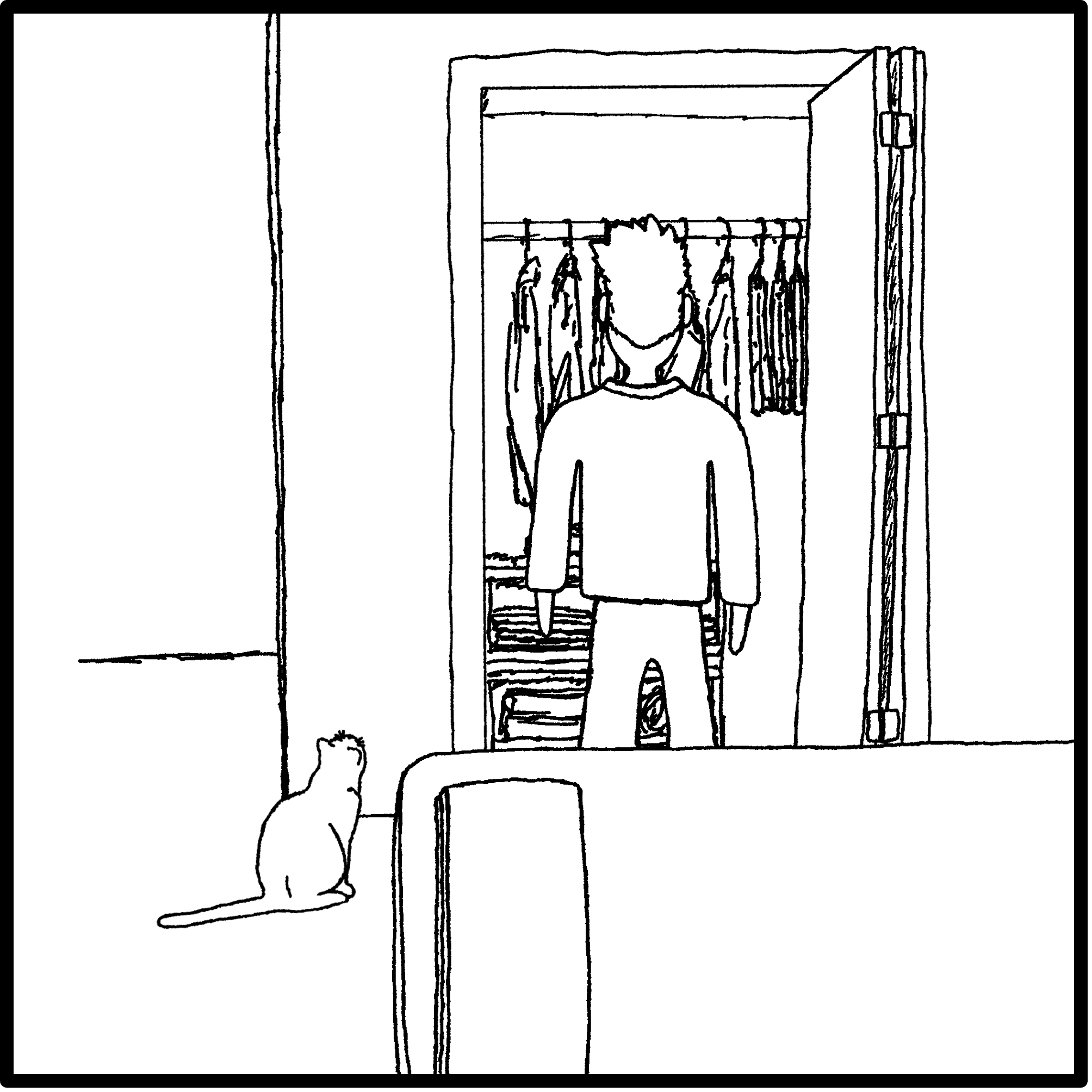 Sketch of man and cat looking at a closer full of clothes