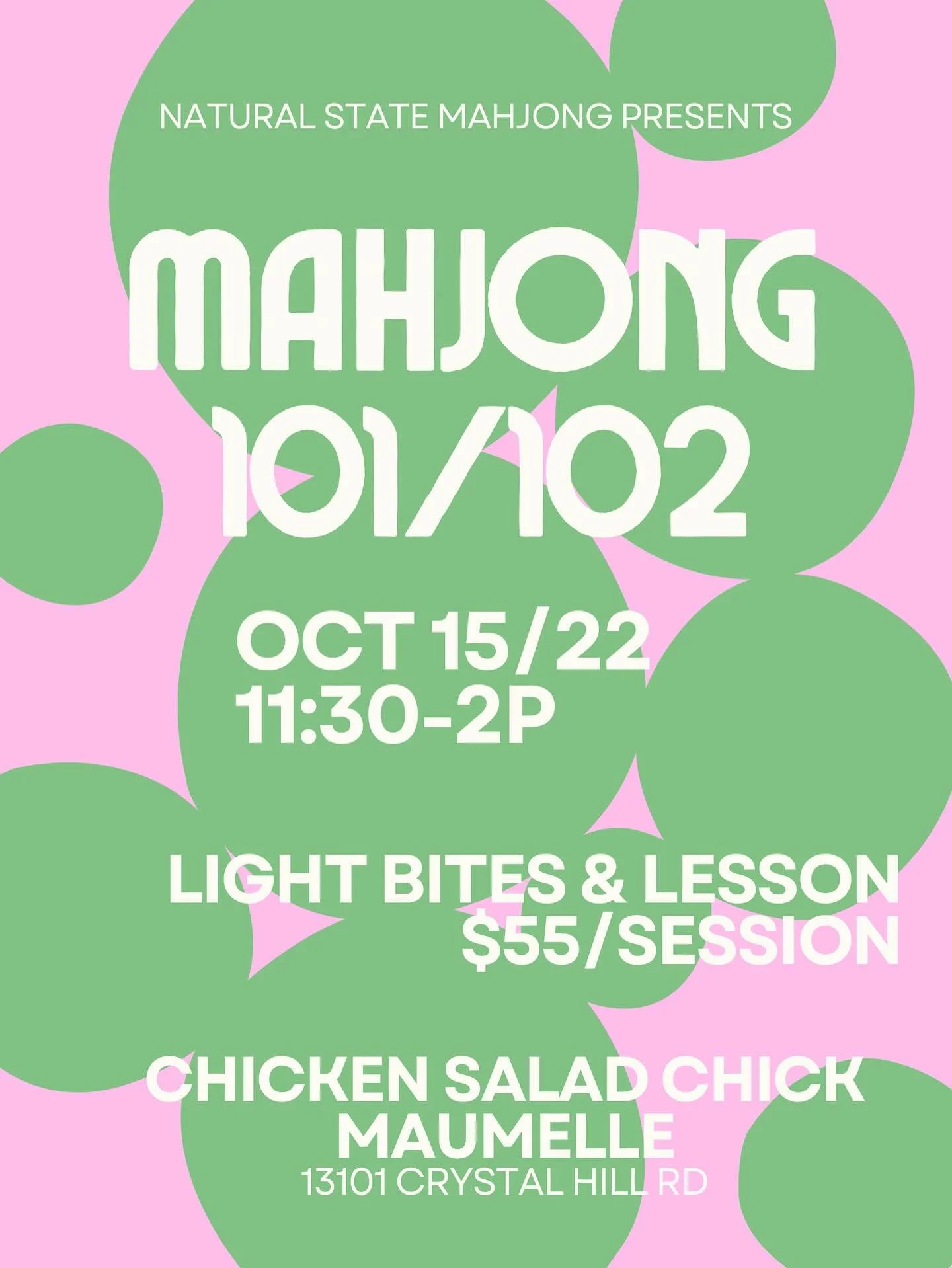It&rsquo;s time for you to master mahjong! 

📍 Chicken Salad Chick Maumelle
🗓️ October 15/22
🕰️ 11:30-2p
🔗 register online

$55/session includes catered lunch and your own NMJL card.

Only 8 spots available&mdash;and it&rsquo;s our only daytime l