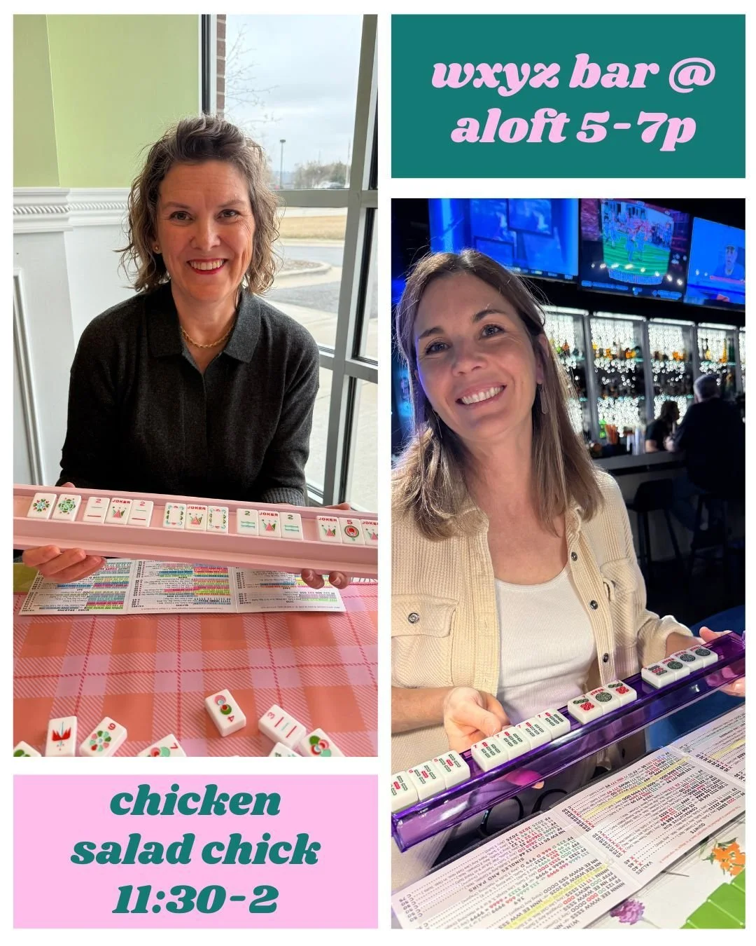 When it's Monday, we mahj. That's right...free open community play all day.

Have some chicken salad with your Charleston:

📍Chicken Salad Chick &bull; Maumelle
🕦 11:30-2p

Or, give your bird bam something to cheer about at the happiest hotel happy