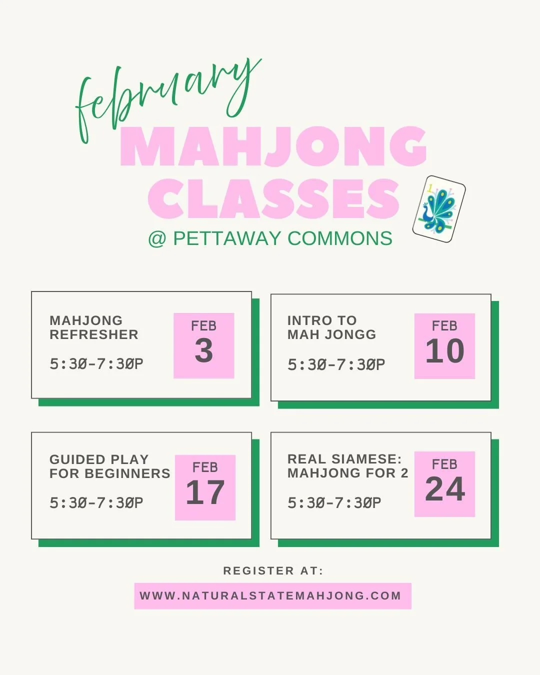 😍 February is for falling in love with mahjong.

Whether you&rsquo;re picking the game back up, learning for the first time, or want something in your back pocket for when your mahj squad can&rsquo;t quad, there&rsquo;s a class for you.

Every Tuesd