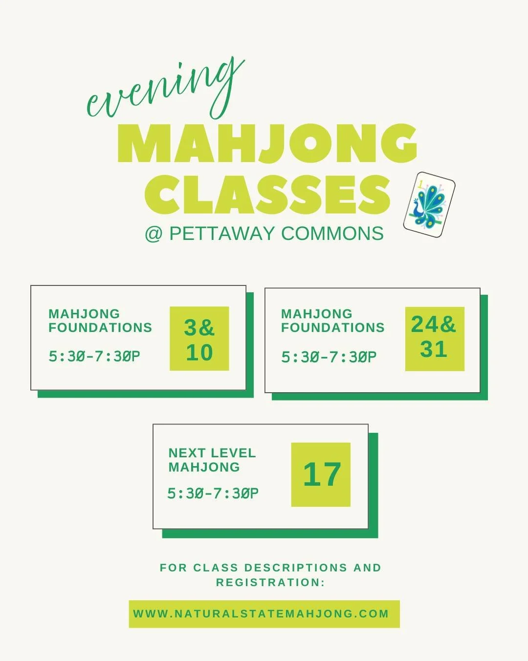🍀 March is for making your own mahjong luck!

Whether you&rsquo;re brand new to mahjong or ready to sharpen your game, this month&rsquo;s sessions are designed to build real skill at the table.

🀄 Mahjong Foundations (Two-Night Beginner Series)
👩?