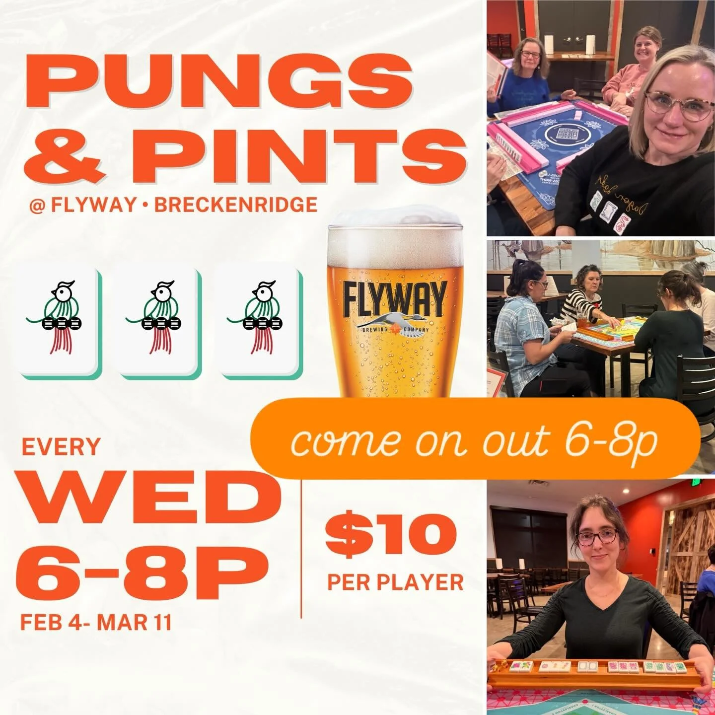 We&rsquo;ll be at @flywaybreckenridge tonight for pungs &amp; pints 🀄️🀄️🀄️🍺🍺🍺

Join a table from 6-8p&mdash;there&rsquo;s plenty of craft beer, clacking tiles, and community! 

$10 &bull; reserve at link in bio or tap to pay at the door