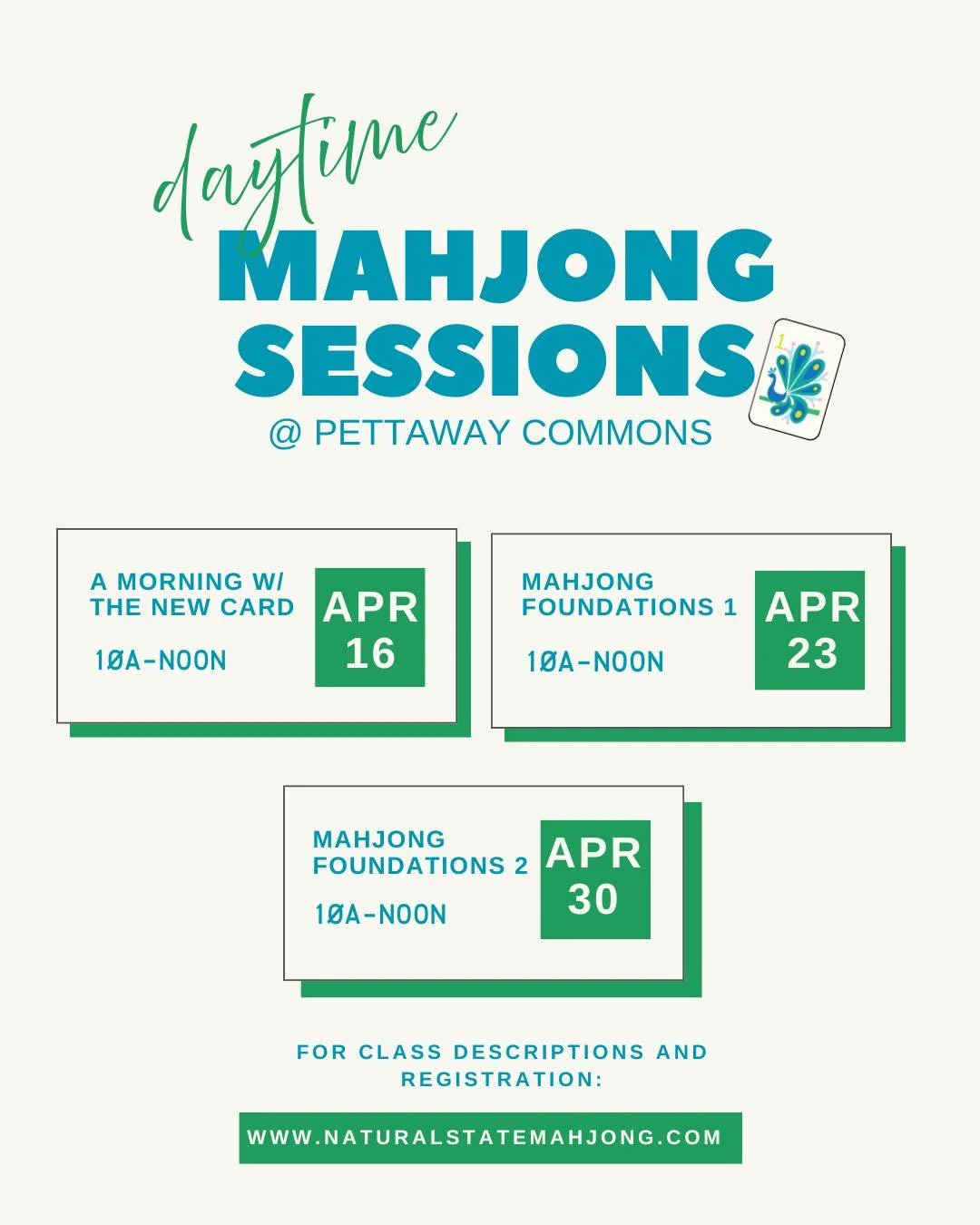 Were you waiting to learn mahjong until after the new card arrived? 

Well, it's here, and so is your seat at the table at @pettawaycommons

We've also got sessions planned for experienced players to spot the patterns on the 2026 NMJL card, get some 