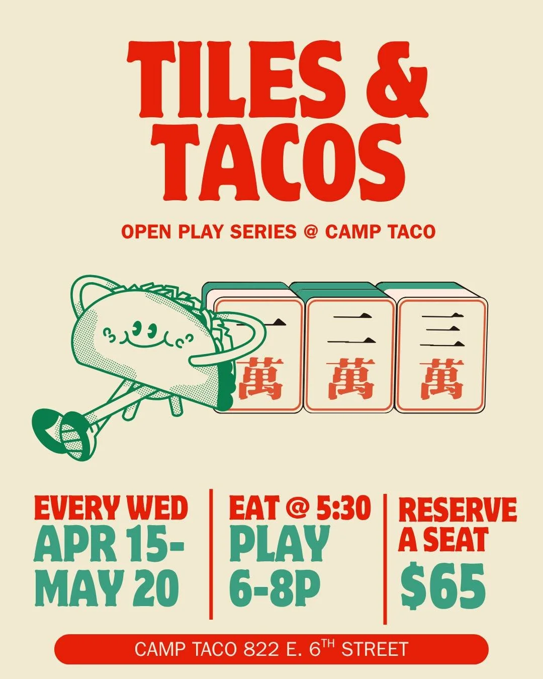 🌮 Your midweek mahj night just appeared. 

We&rsquo;re packing up the tiles and heading to @camp.taco for a 6-week run.

No pressure, no complicated format&mdash;just good games with fun people.

And did I mention the tacos and happy hour margaritas