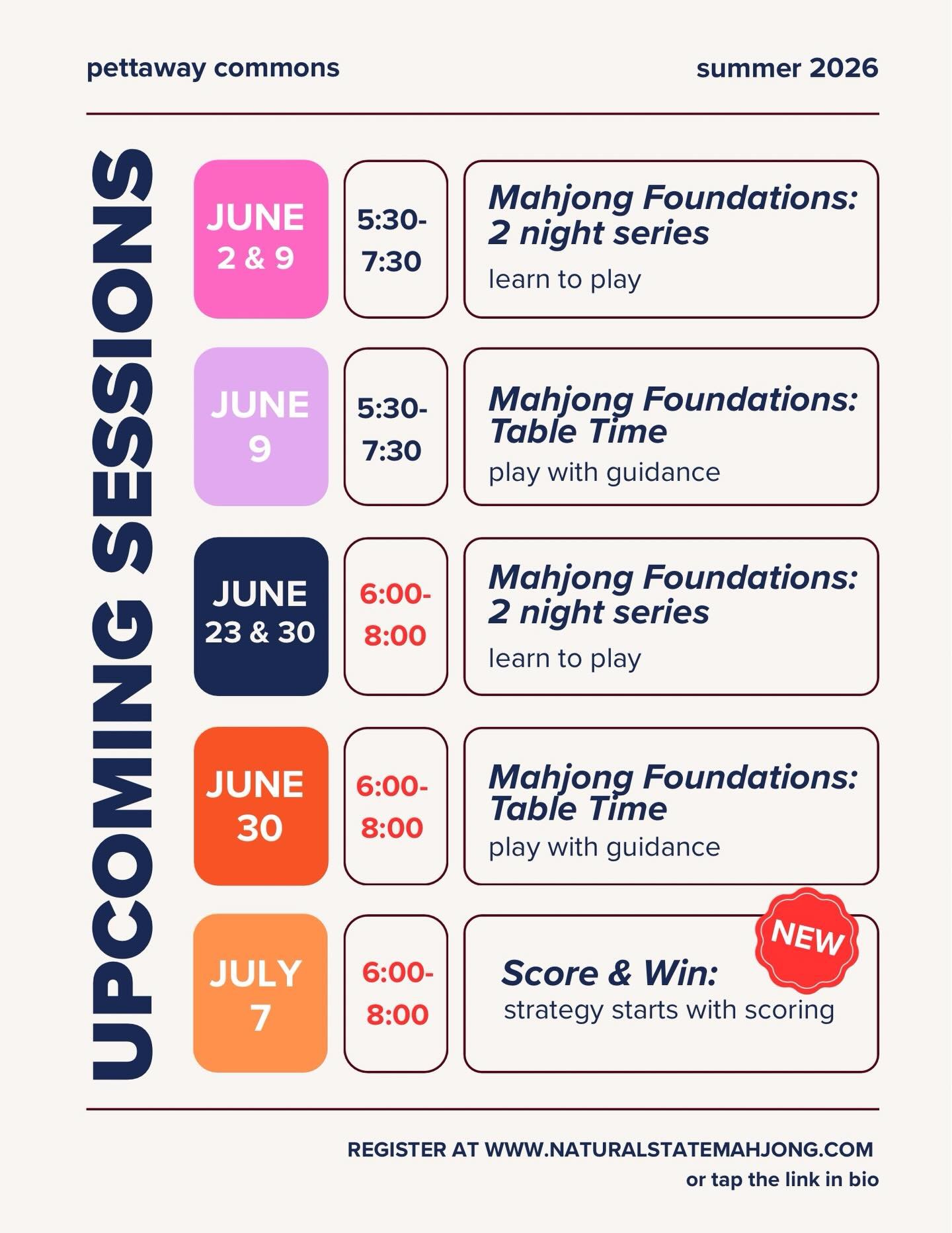The early summer sessions just dropped!

Here&rsquo;s what&rsquo;s on deck:

✨ mahjong foundations to learn the mechanics and basic etiquette of the game

then&hellip;move on to 

✨ foundations: table time&mdash;a.k.a guided play. Playing a few more 