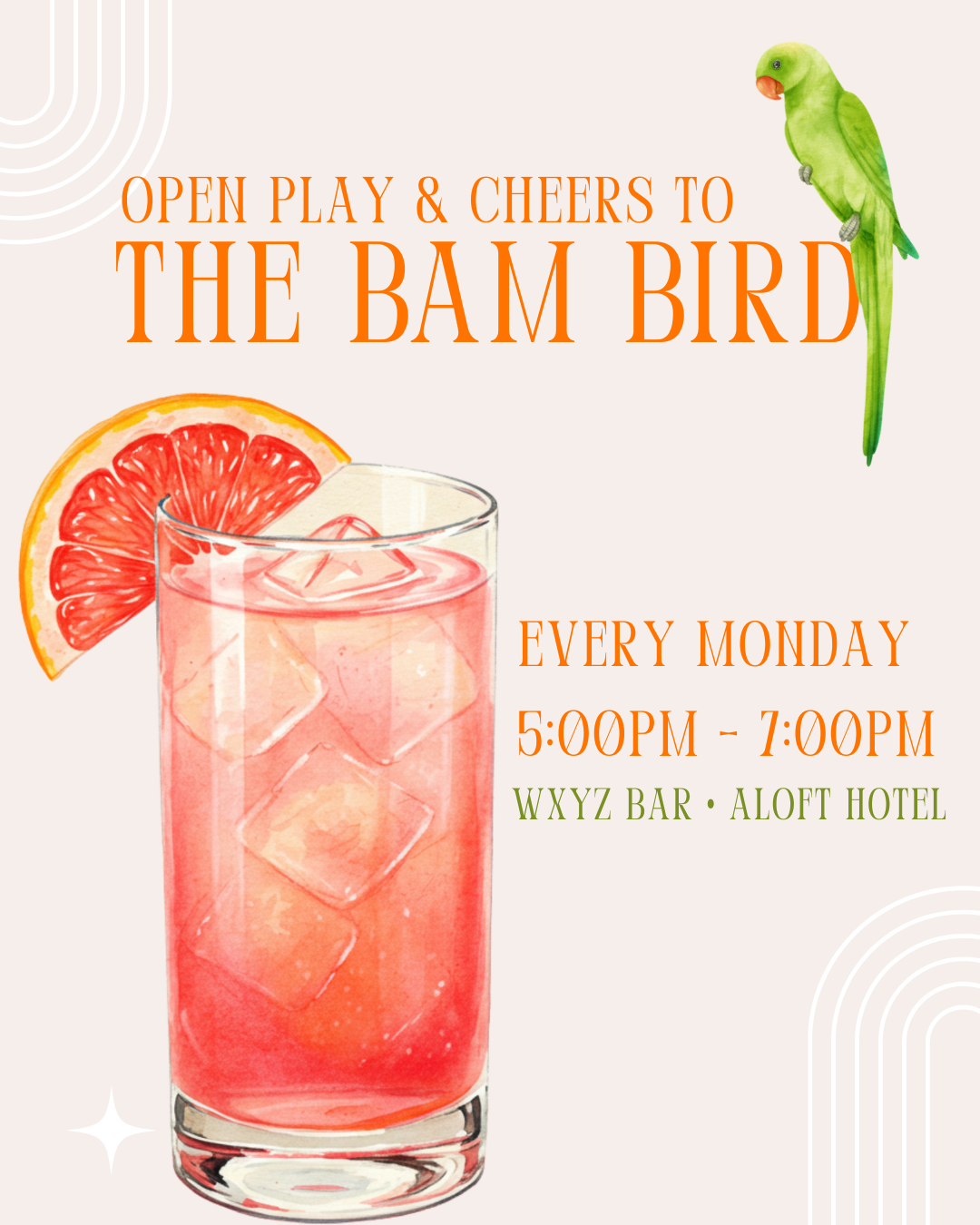Poster advertising a mahjong open play event at the WXYZ Bar, Aloft Hotel, 716 Rahling Road, on Mondays from 5 PM to 7 PM, featuring drinks, small plates, and meeting new friends.