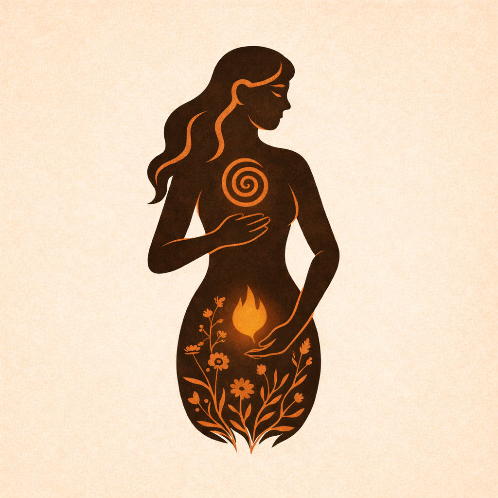 A silhouette of a woman with floral patterns and elements of fire and a spiral on her body, symbolizing healing and energy.