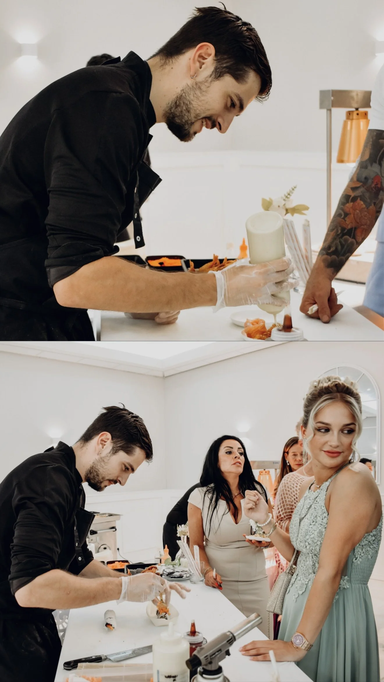 Close-up of a person preparing sashimi, with slices of raw fish and neatly cut fish fillets arranged on a wooden surface.