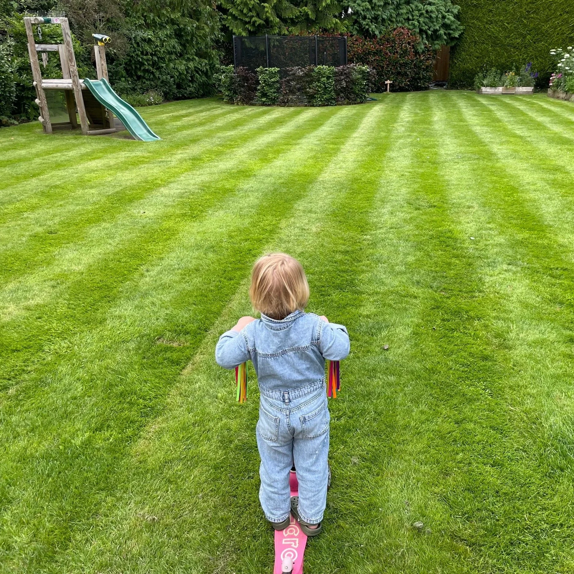 Child in denim overalls riding a pink scooter on a well-manicured, striped grass lawn with a garden and playset in the background. Weed-free, green grass.