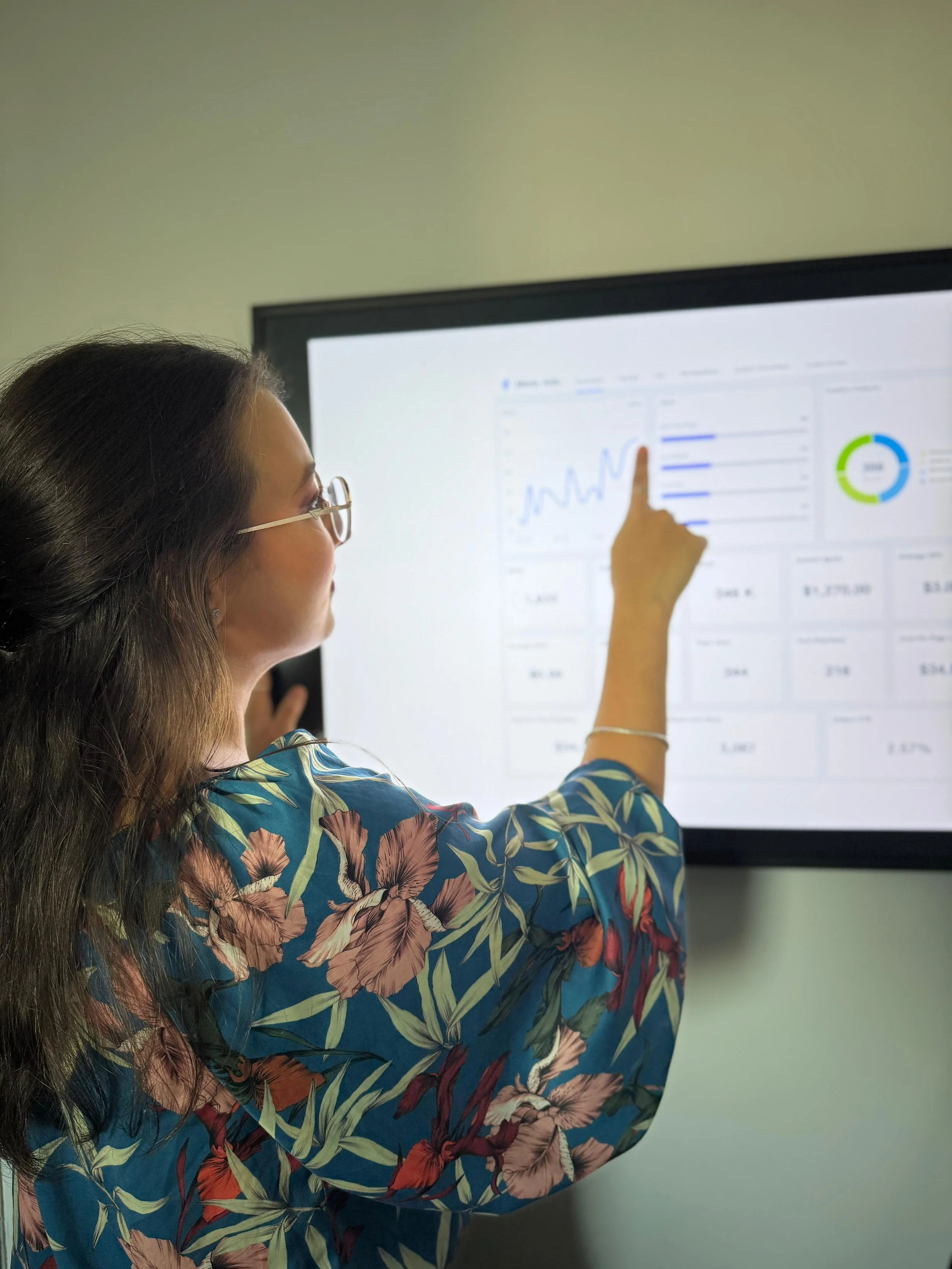 A woman in glasses and a floral shirt is pointing at a digital screen with charts and graphs for Marketing Performance Analysis.