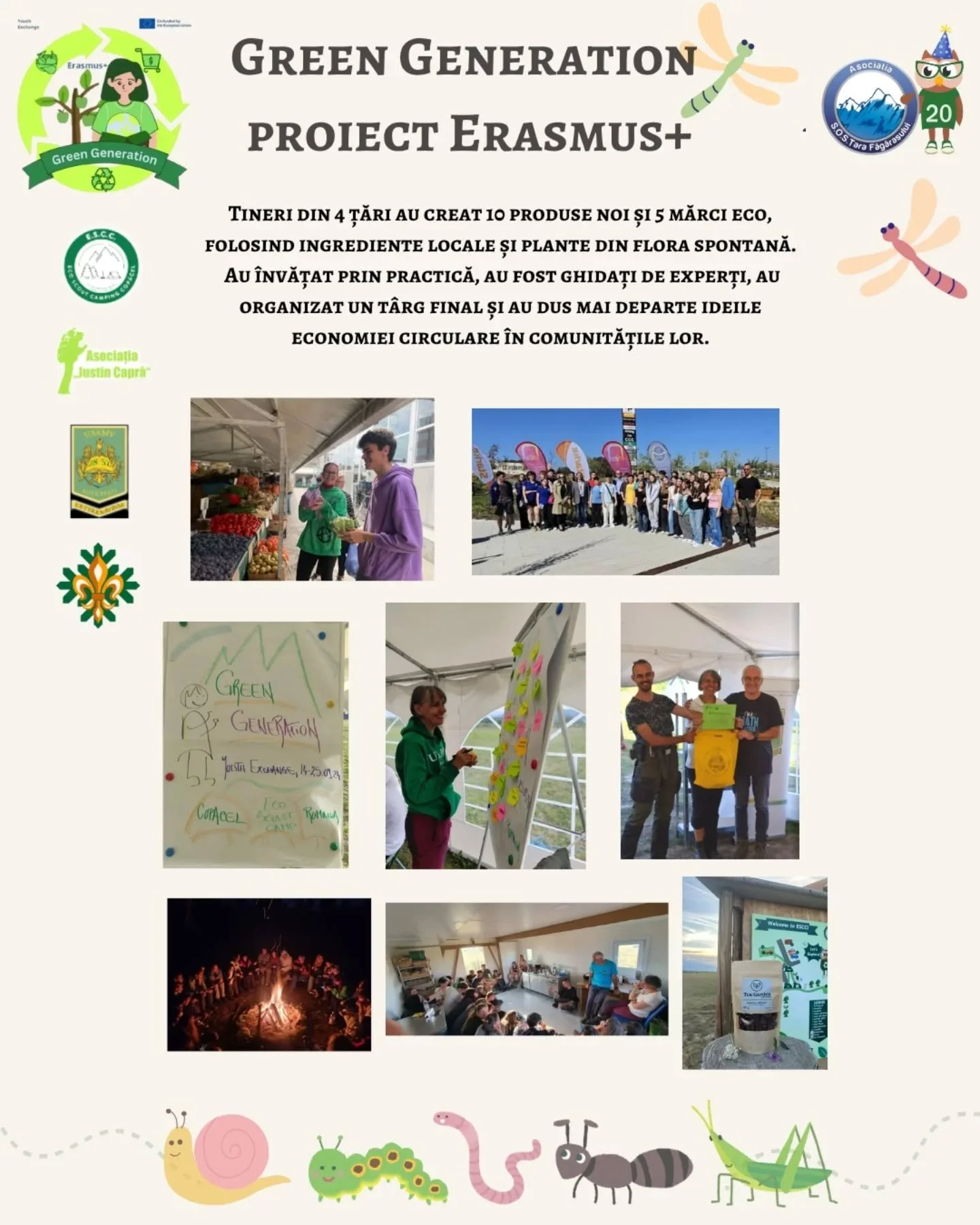 A poster for the Green Generation Erasmus+ project featuring photos of children and adults participating in local eco activities, including market visits, group meetings, and outdoor events, decorated with cartoon insects along the border.