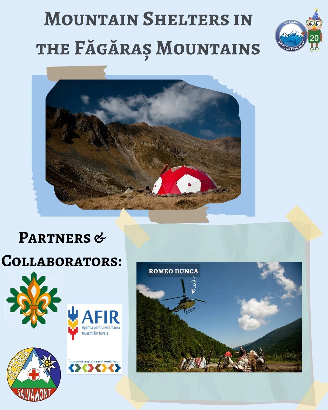 A poster titled 'Mountain Shelters in the Făgăraș Mountains' featuring a photo of a mountain landscape with a red and white tent, and a smaller inset photo of a helicopter labeled 'Romeo Dunca' flying over a forested mountain area with people on the
