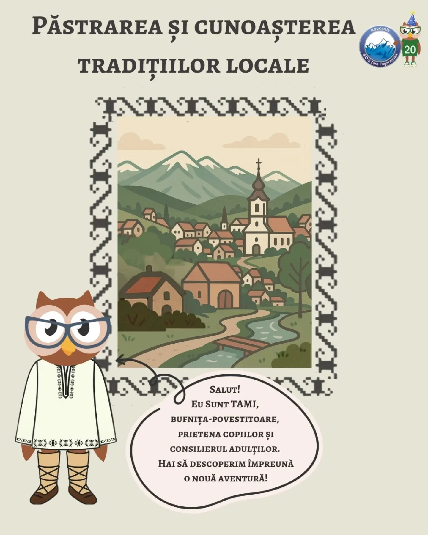 An illustration of a village with houses, a church, a river, and mountains in the background, along with a cartoon owl character in traditional clothing and a speech bubble in Romanian.