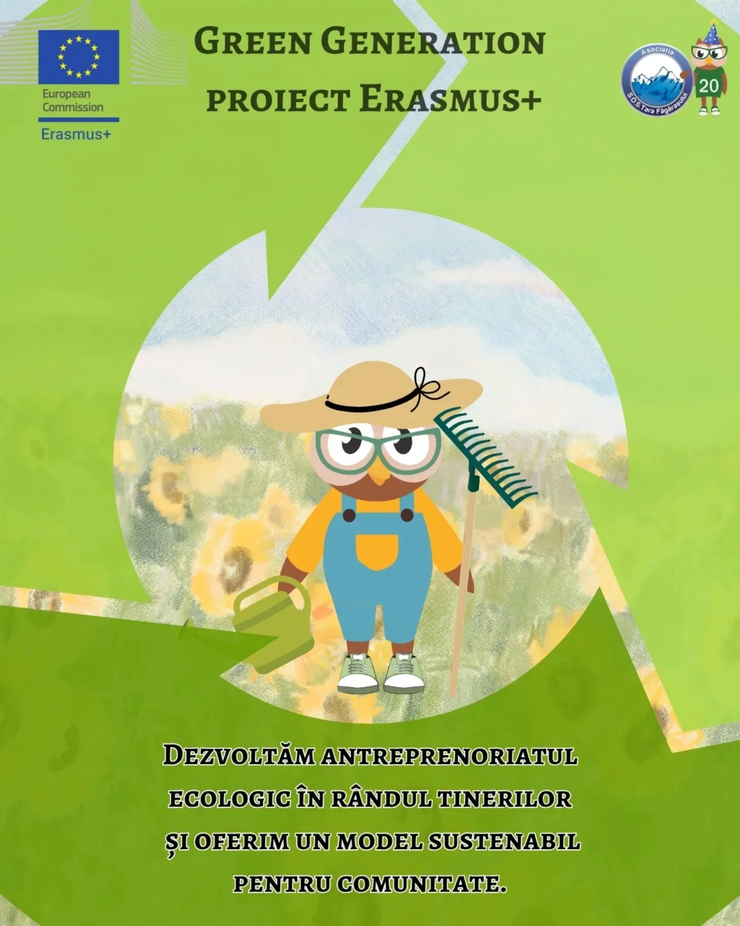 Illustration of an owl dressed as a gardener with a watering can, rake, sunhat, glasses, and sneakers, set against a sunflower field background. The image includes logos of the European Commission and Erasmus+ and text promoting ecological entreprene