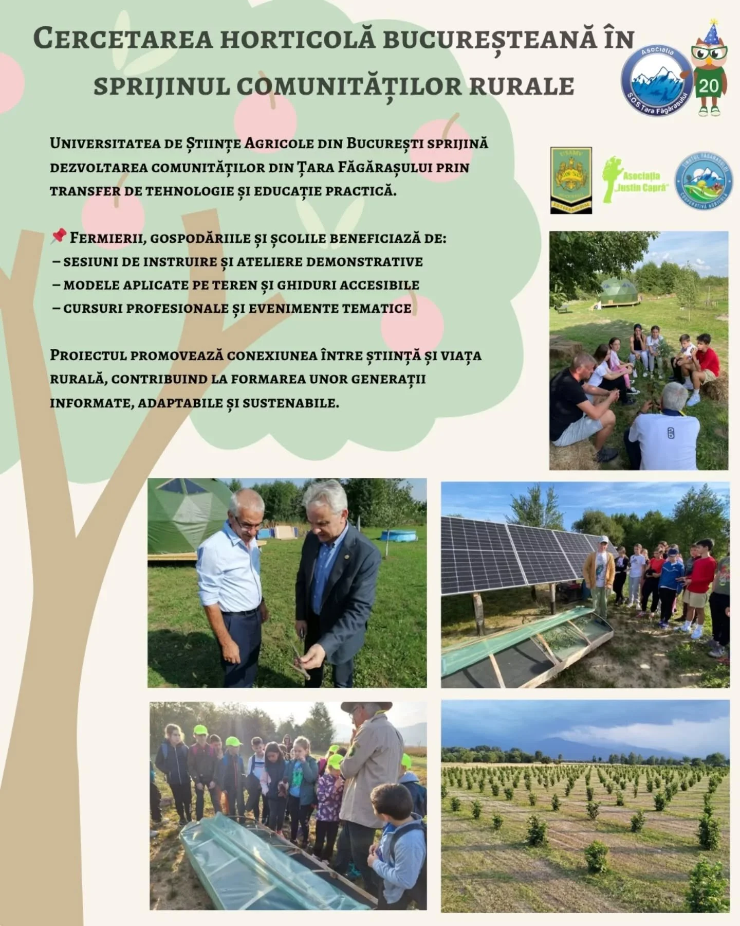 Informational poster in Romanian about horticultural research in Bucharest supported by rural community groups, featuring text and several photos of outdoor activities including a group of children visiting a solar panel installation, rural discussio