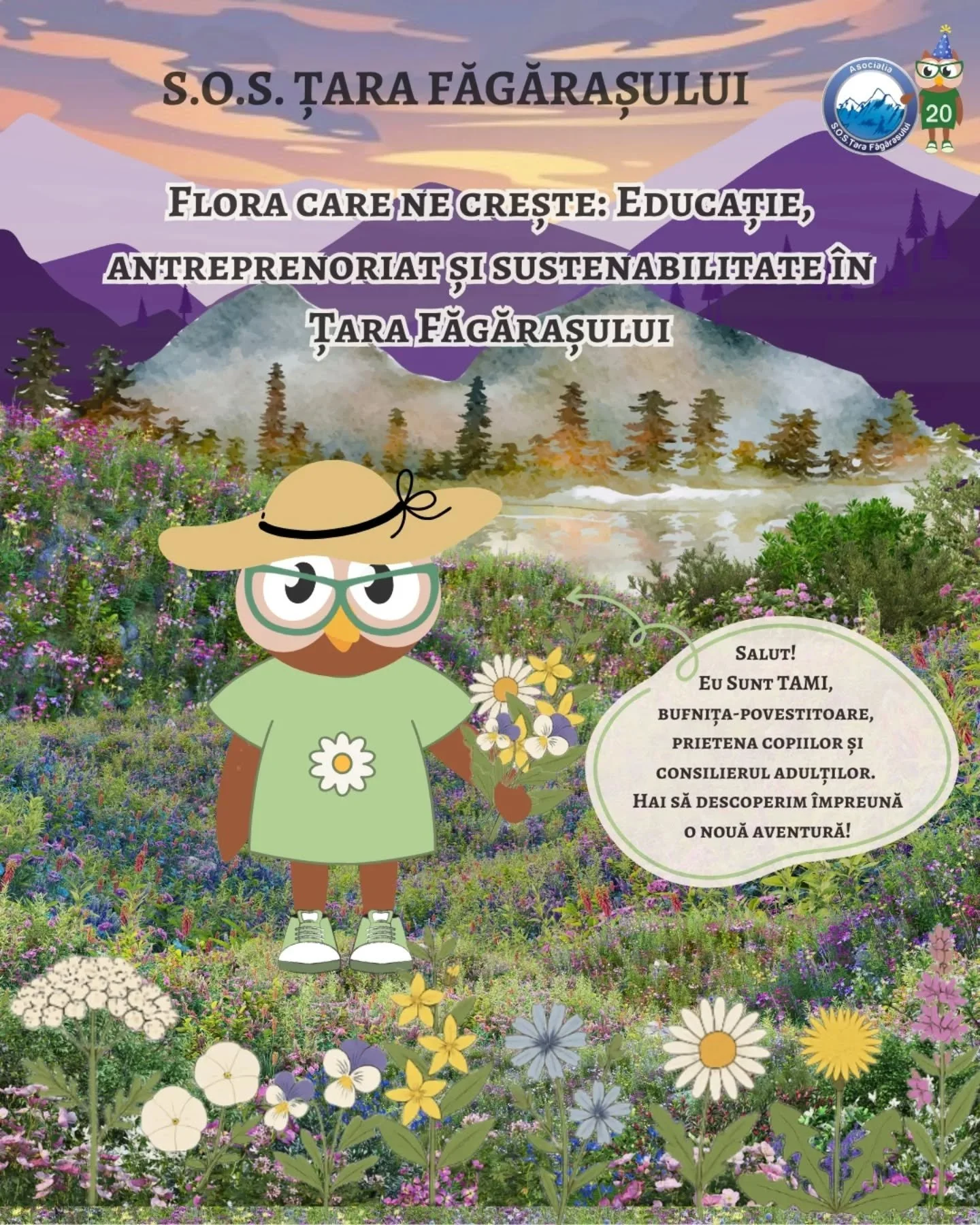 A cartoon owl with glasses, a hat, and sneakers holding a bouquet of flowers in a colorful mountain landscape with flowers. There is Romanian text about nature and a speech bubble with a message about discovery and adventure.