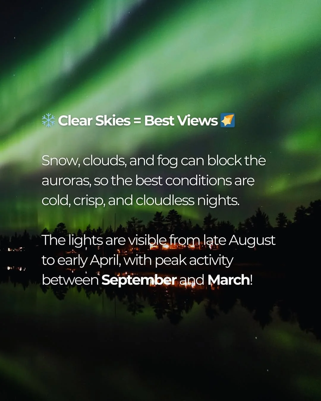 A scenic night landscape of the northern lights over a lake and silhouetted trees with informational text explaining that clear skies offer the best views of auroras from late August to early April, peaking in September and March.