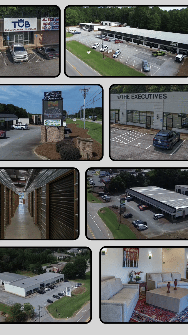 A collage of commercial buildings including climate controlled storage units, retail spaces, office space, and a hallway of storage units, in Eatonton, Greensboro, and Lake Oconee, Georgia