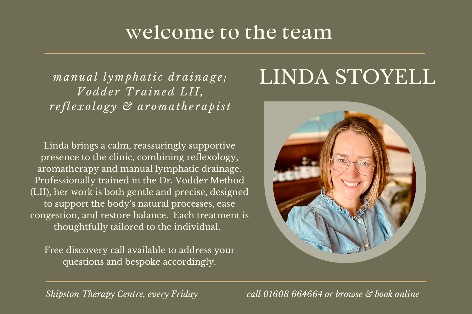 Welcome to Linda Stoyell. Specialising in manual lymphatic drainage; Vodder Trained LII, reflexology & aromatherapist. Call to discuss your requirements, or browse and book online. Linda is available every Friday. 