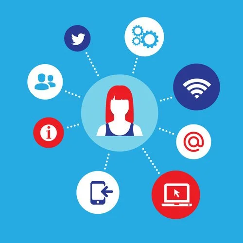 Blue circle with tech related icons inside surrounding an icon of a woman with long hair