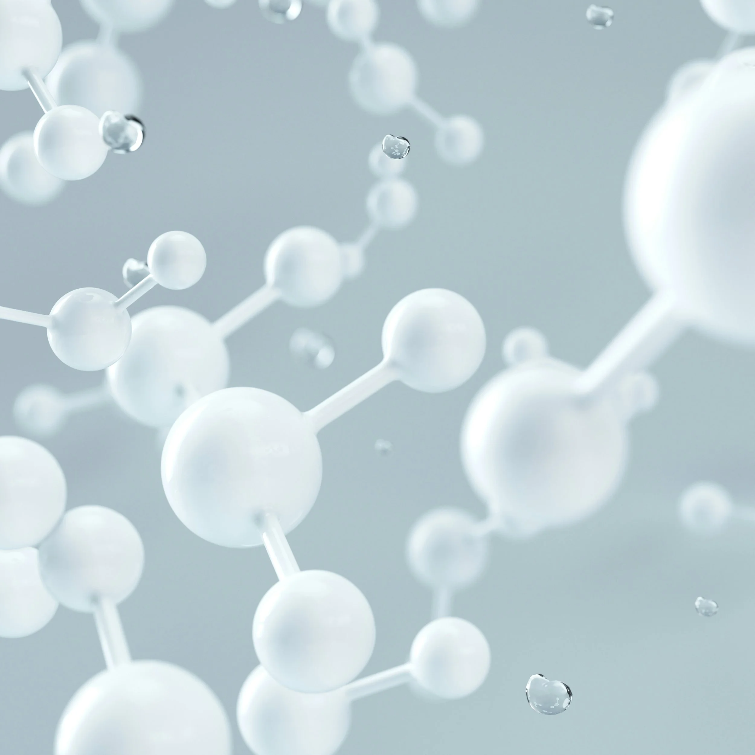 3D rendering of molecules with white spheres connected by rods, floating in a gray background.