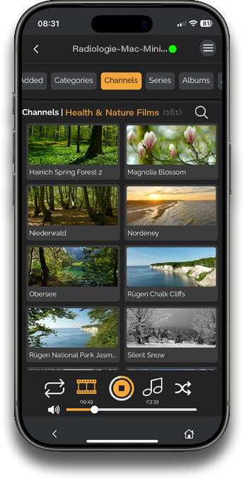 Ein Smartphone-Bildschirm zeigt eine App mit verschiedenen Naturvideokategorien, darunter Wälder, Blumen, Küsten und Winterlandschaften.