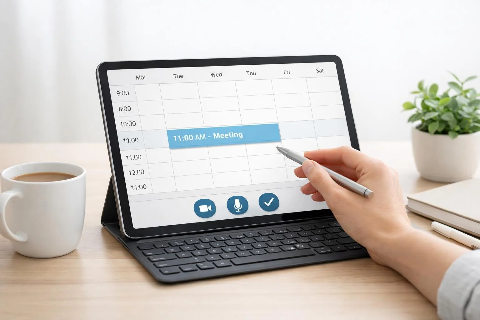 Digitaler Kalender auf einem Tablet zeigt einen Termin um 11:00 Uhr mit dem Vermerk "Meeting". Ein Mensch hält einen Stift, um den Termin zu markieren. Auf dem Tisch neben dem Tablet befinden sich eine Tasse Kaffee, eine Pflanze, eine geschlossene Buch und ein Stift.