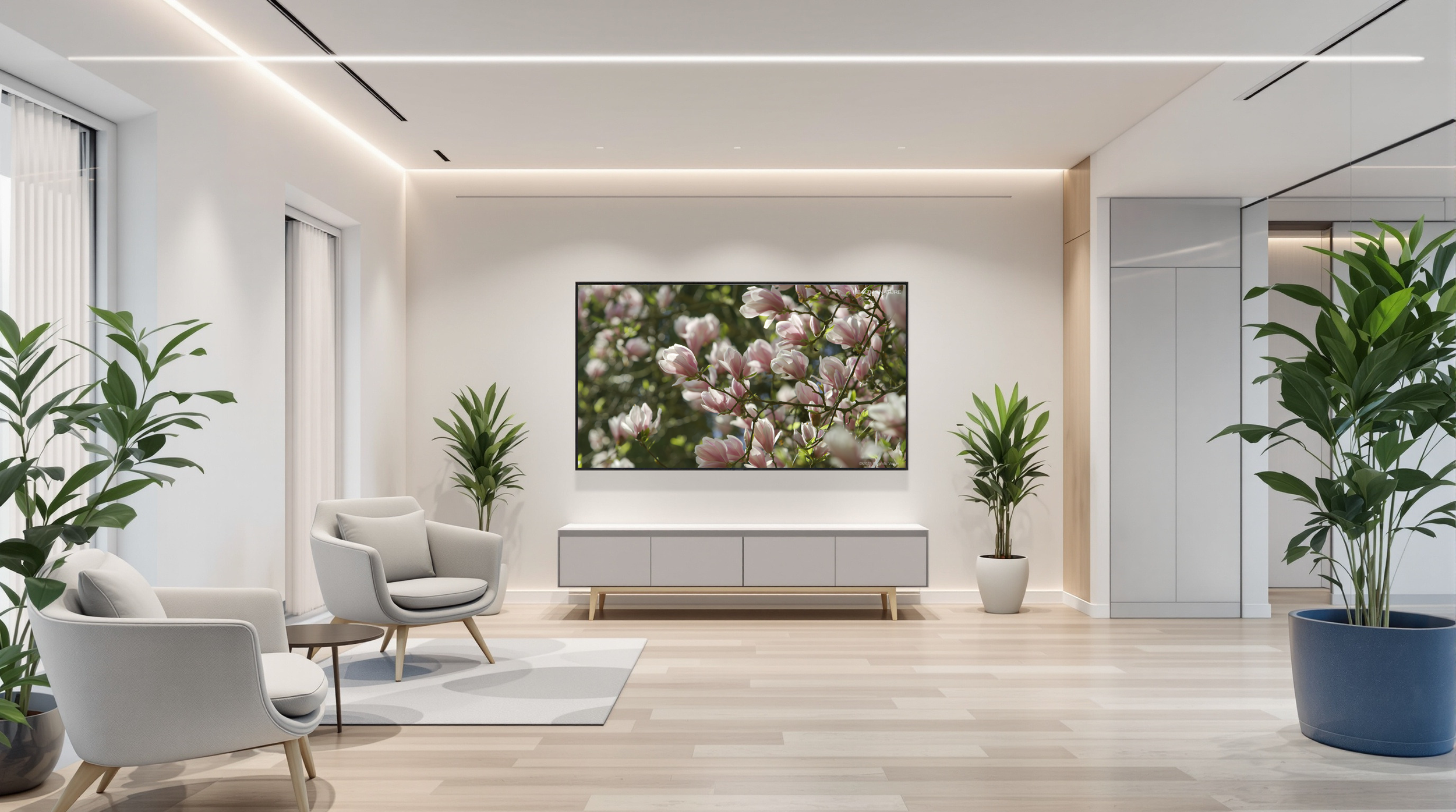 Moderner, heller Wohnzimmerraum mit weißen Wänden, Holzboden, zwei weiße Sessel, grüne Zimmerpflanzen in Töpfen, ein Wand-TV mit Blütenbild, weißer Lowboard, große Fenster mit weißen Vorhängen, moderner Deckenbeleuchtung.